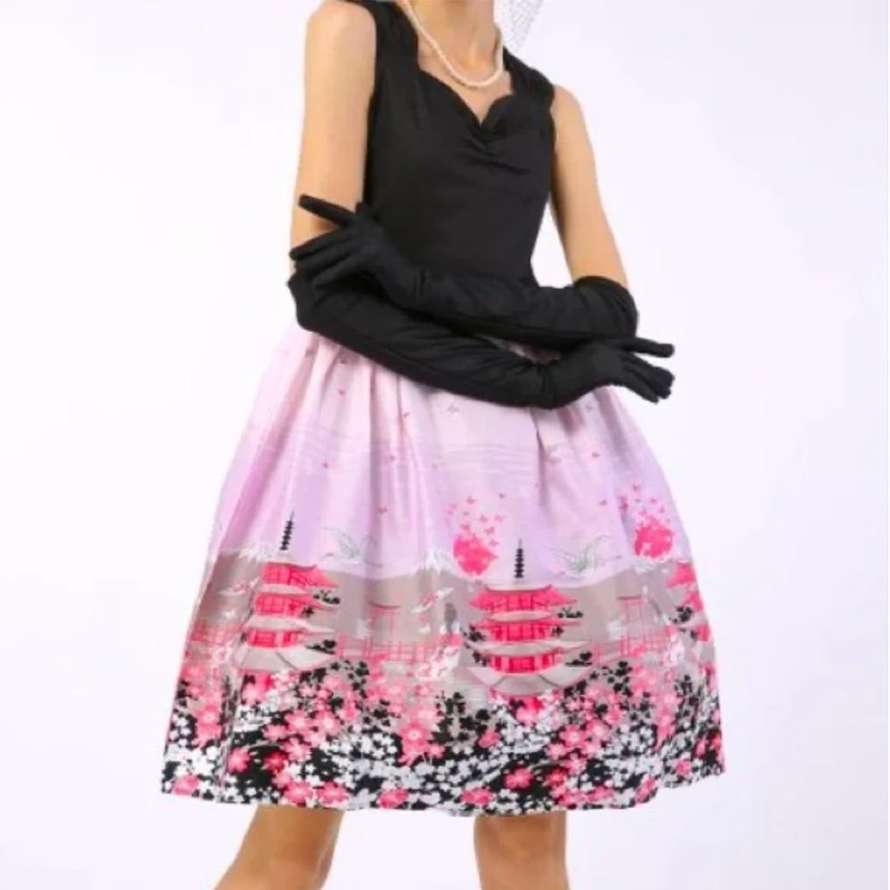 Retro Pin-Up Style A-Line Skirt in a Japanese Inspired Cherry Blossoms Print, S